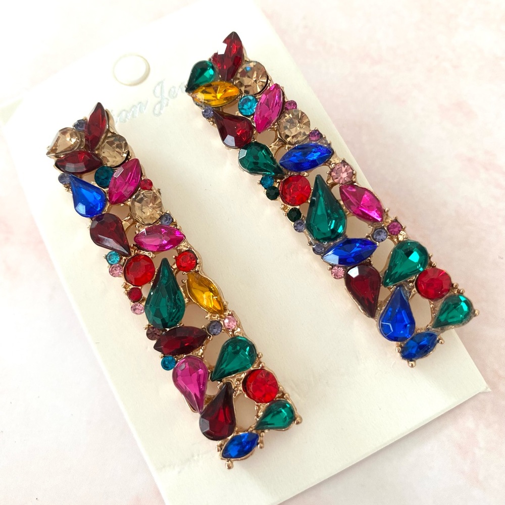Rhinestone Rectangle Statement Earrings - Picture 4 of 4